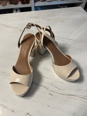 Chinese Laundry Cream Patent Block Heel Sandals with Ankle Strap